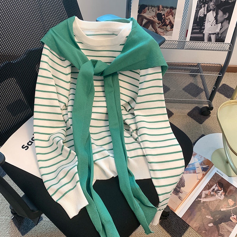 Áo Sweater Dệt Kim Tay Dài Dáng Rộng Họa Tiết Kẻ Sọc Màu Sắc Tương Phản Thời Trang Mùa Thu