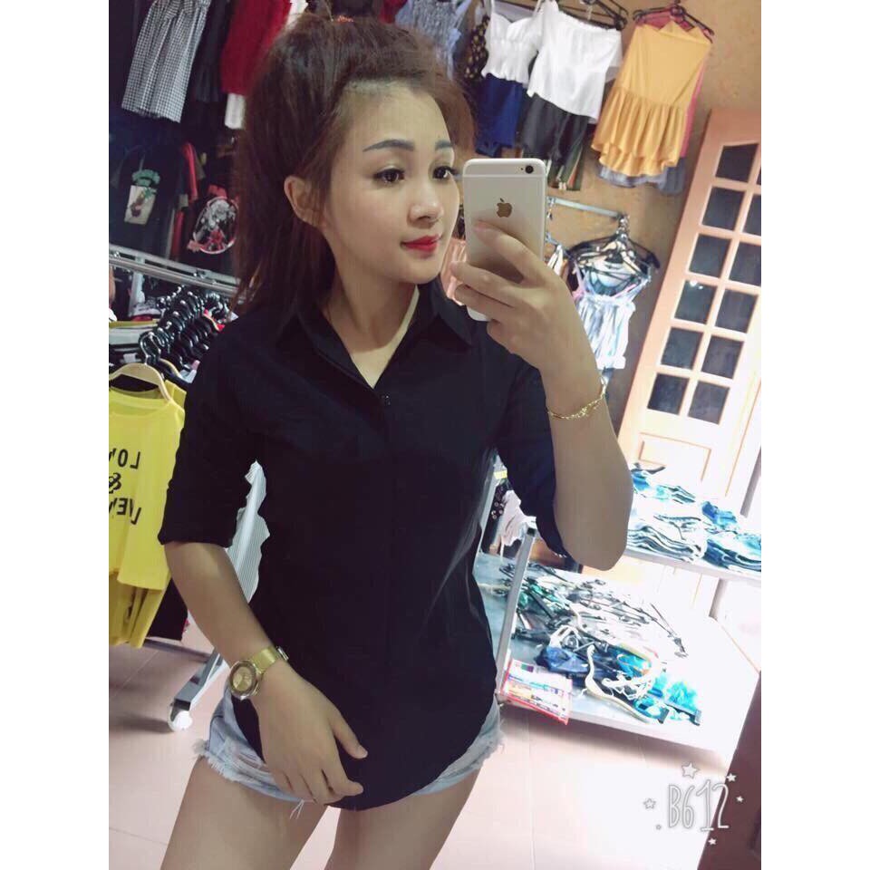 Áo sơ mi nữ đen dài tay basic cổ đức (chất liệu không nhăn)