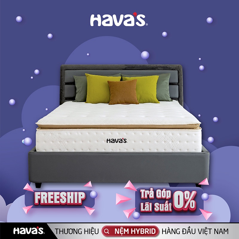 Nệm Havas Olive 1m6 và 1m8 lò xo túi 7 vùng nâng đỡ cơ thể, kháng khuẩn an toàn, bảo hành 10 năm