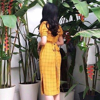 Đầm váy freesize kẻ ô cột eo 2 màu