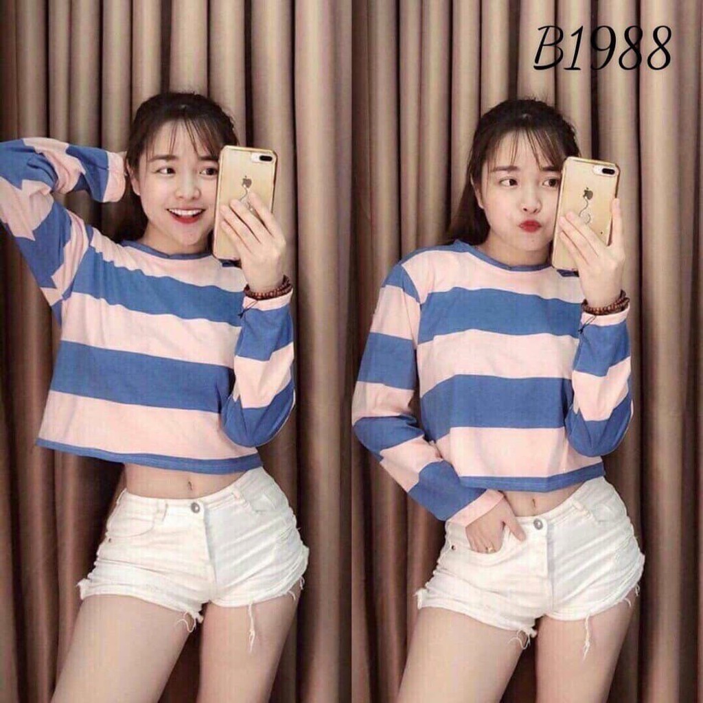 Áo Thun Croptop Dài Tay Sọc Ngang Lớn Phối Màu Năng Động EVA AO 10092S1