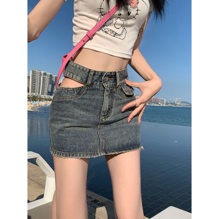 Jiashucheng Chân Váy Denim Mini Lưng Cao Khoét Lỗ Phong Cách Hàn Quốc Thời Trang Mùa Hè Mới Cho Nữ