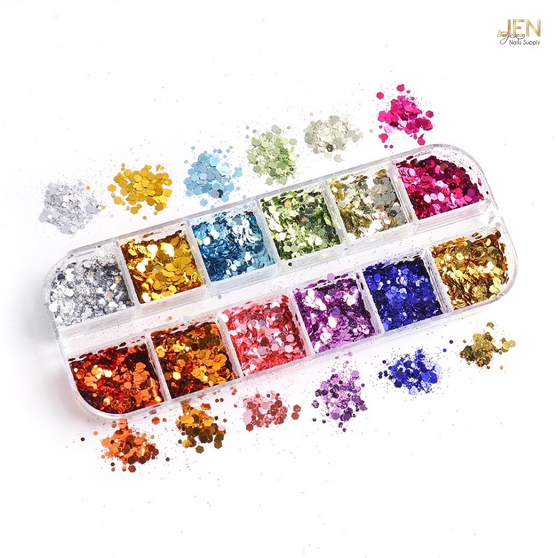 Nhũ kim tuyến lục giác 12 màu-phụ kiện nail móng