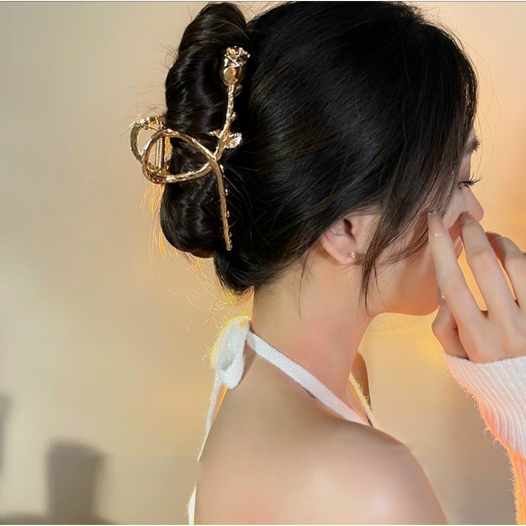 Kẹp Tóc Càng Cua Kim Loại Hàn Quốc Cành Hoa Hồng Vàng Siêu Xinh Mainia Shop