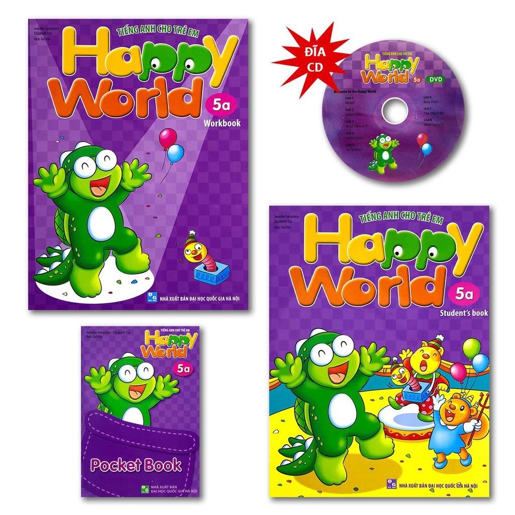 Sách - Tiếng Anh Cho Trẻ Em - Happy World - 5 (Bộ 2 quyển, 1 sổ tay, 1 đĩa DVD) (2 phần, lẻ tùy chọn)