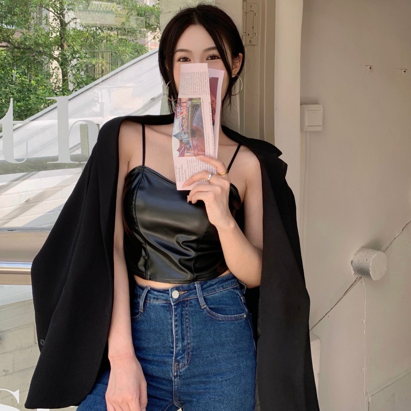 [COD &amp; Hàng Có Sẵn] Áo Croptop Không Tay Bằng Da PU Màu Trơn Có Đệm Ngực Gợi Cảm Cho Nữ