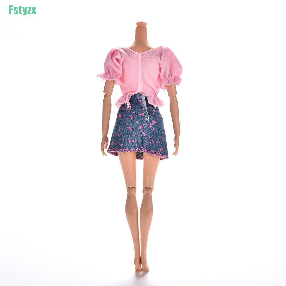 fstyzx 2 Pcs/Set Pink T Shirt and Blue Denim Skirt for Barbies Princess Dolls