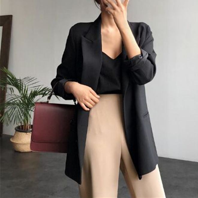 Áo khoác blazer tay dài màu đen thời trang thu đông phong cách Hàn Quốc dành cho nữ