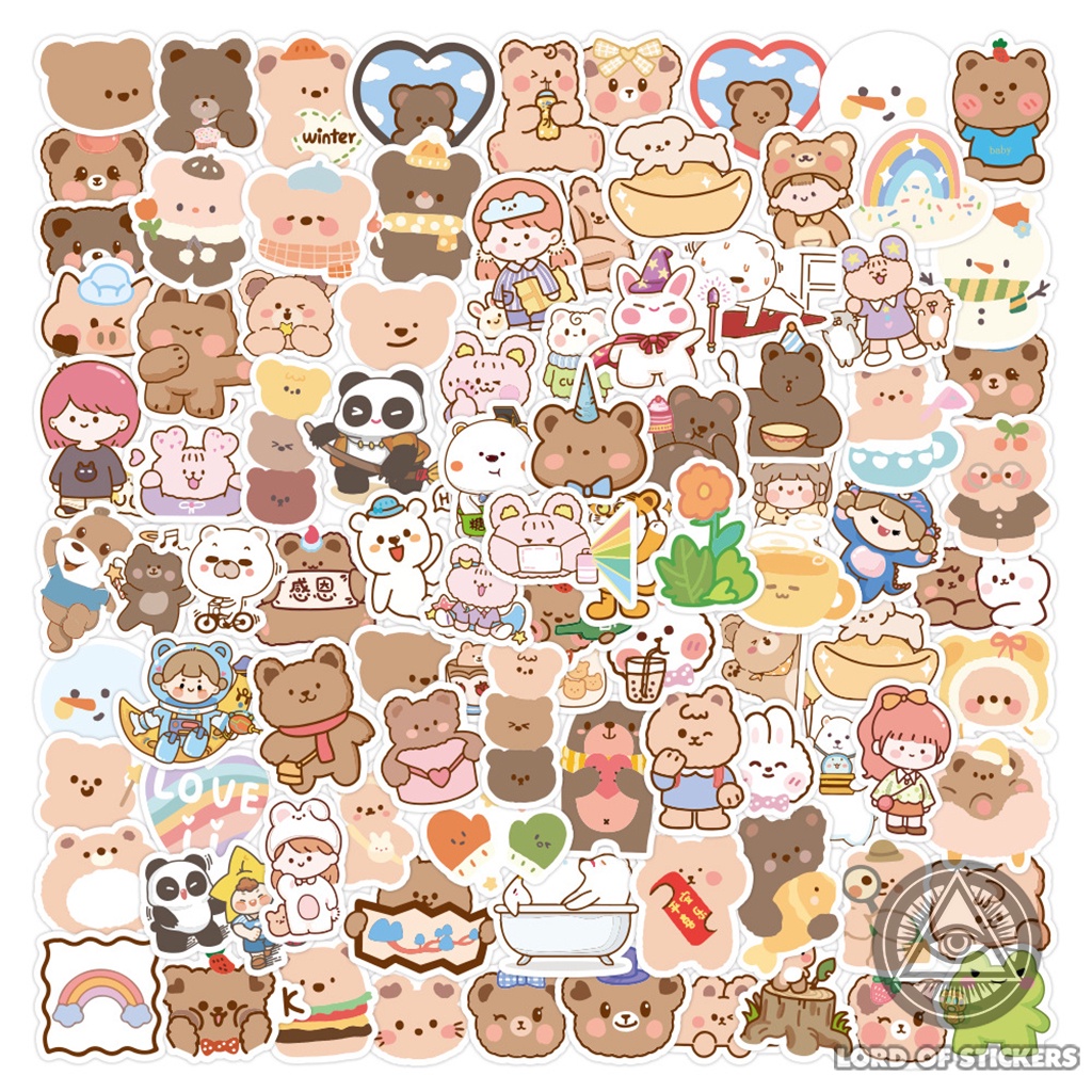 Set 100 Nhãn Dán Hoạt Hình Gấu Dễ Thương Sticker Cute Phong Cách Hàn Quốc Trang Trí Mũ Bảo Hiểm, Laptop, Vali, Xe, Sổ