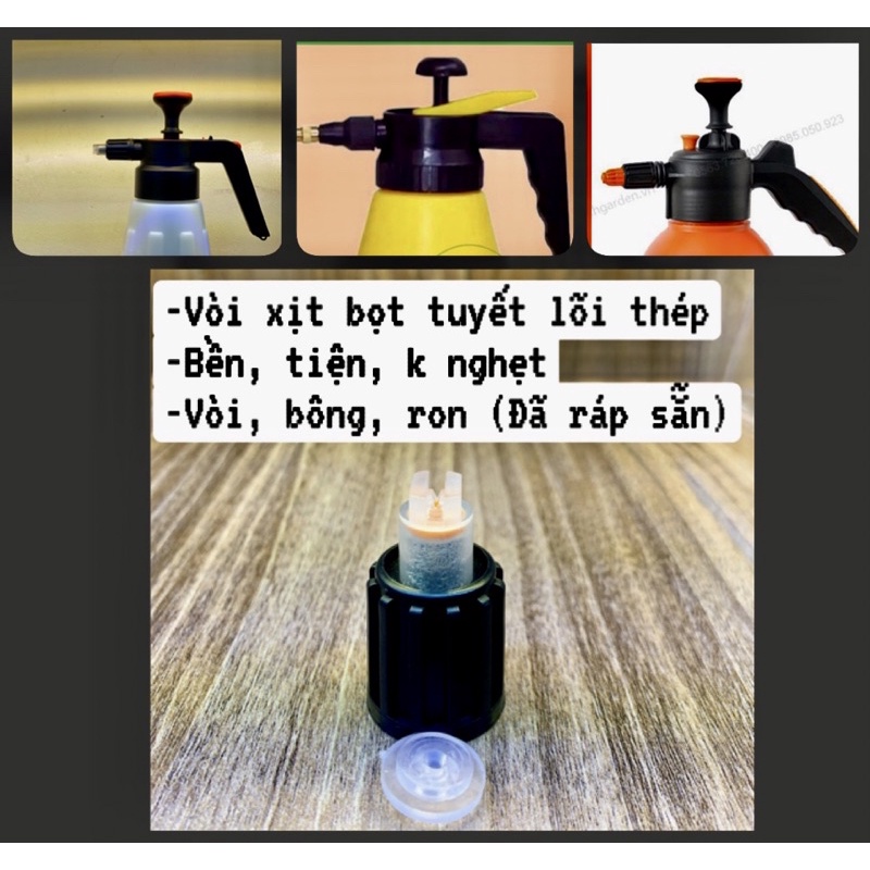 Vòi xịt tạo bọt tuyết rữa xe, thân bình, nắp bình, bông lọc