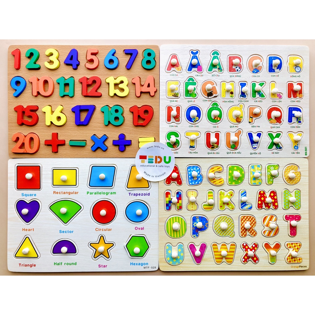Đồ chơi học cụ gỗ TEDU - Bảng gỗ chữ cái và số học cho bé