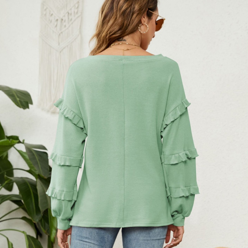 Xiangbao Áo Sơ Mi Tay Dài Phồng Cổ Chữ V Phối Bèo Thanh Lịch Dễ Phối Đồ Cho Nữ