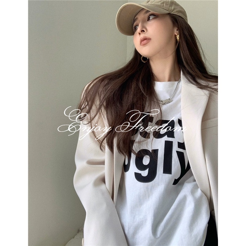 Enjoy Freedom Áo Thun Tay Ngắn Dáng Rộng In Chữ Phong Cách Hàn Quốc Cá Tính Cho Nữ
