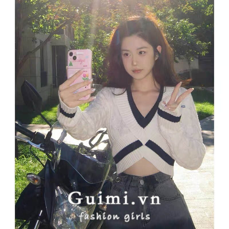 Áo sweater Cổ Chữ V Phối Màu Tương Phản Phong Cách Vintage