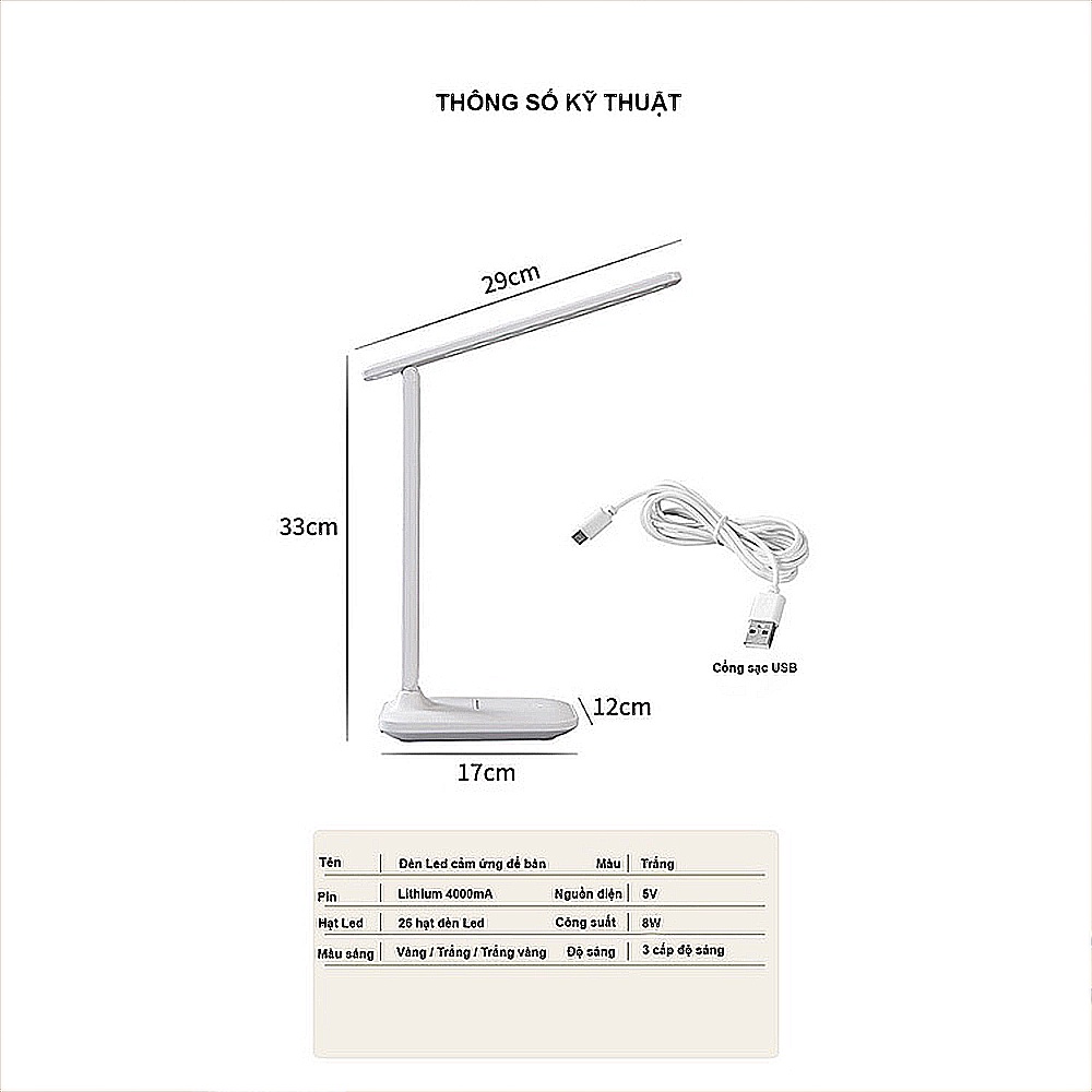 Đèn Học Để Bàn Cảm Ứng Tích Điện LED 3 Chế Độ Màu Chống Cận Thị, Có Khe Để Điện Thoại Học Online, Đèn Bàn, Làm Việc MIKO