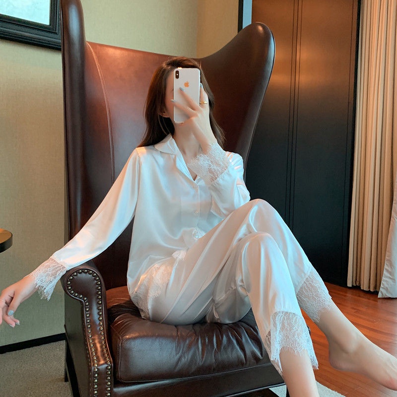 Bộ đồ ngủ tay dài dáng rộng phối ren thời trang quyến rũ cho nữ