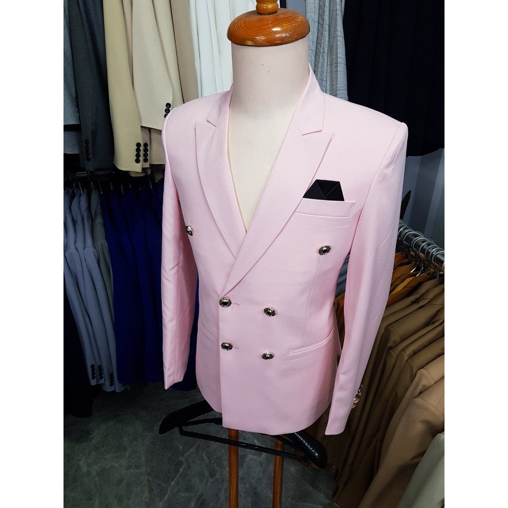 Áo vest nam ôm body 6 cúc màu hồng chất liệu vải dày mịn