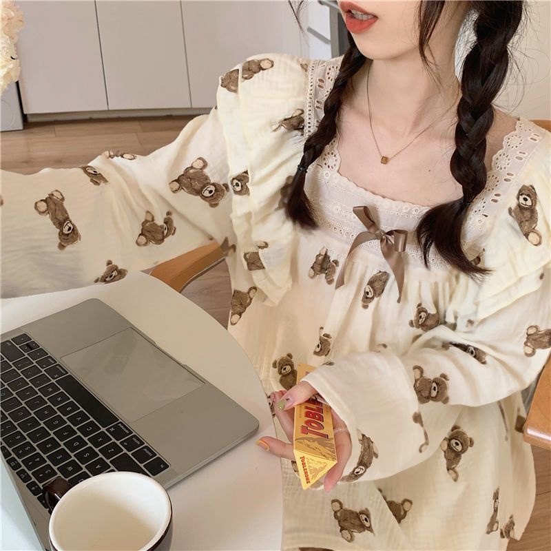 Bộ Đồ Ngủ Tay Dài In Hình Gấu Dễ Thương Thời Trang Thu Đông Cho Nữ