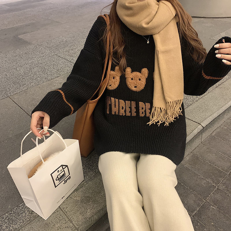 Áo Len Nữ New Korean Loose Lazy Bear Pattern Pullover Knitted Sweater Women