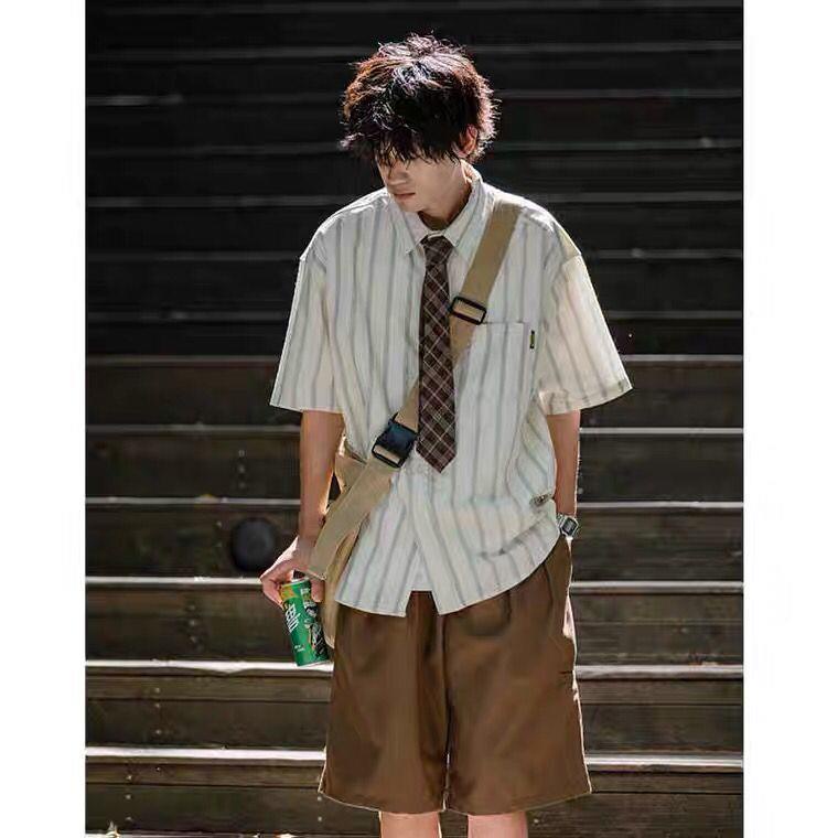 Set Áo Sơ Mi Ngắn Tay Họa Tiết Kẻ Sọc Và Quần Short Phong Cách Retro Nhật Bản Cho Nam Và Nữ
