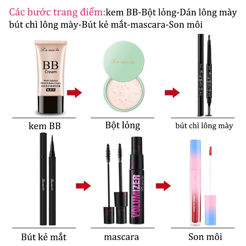 Bộ trang điểm đầy đủ LAMEILA 6 món， Kem BB, Phấn phủ,  Mascara, Chì kẻ mày, Kẻ mắt, Son kem，LML-T6