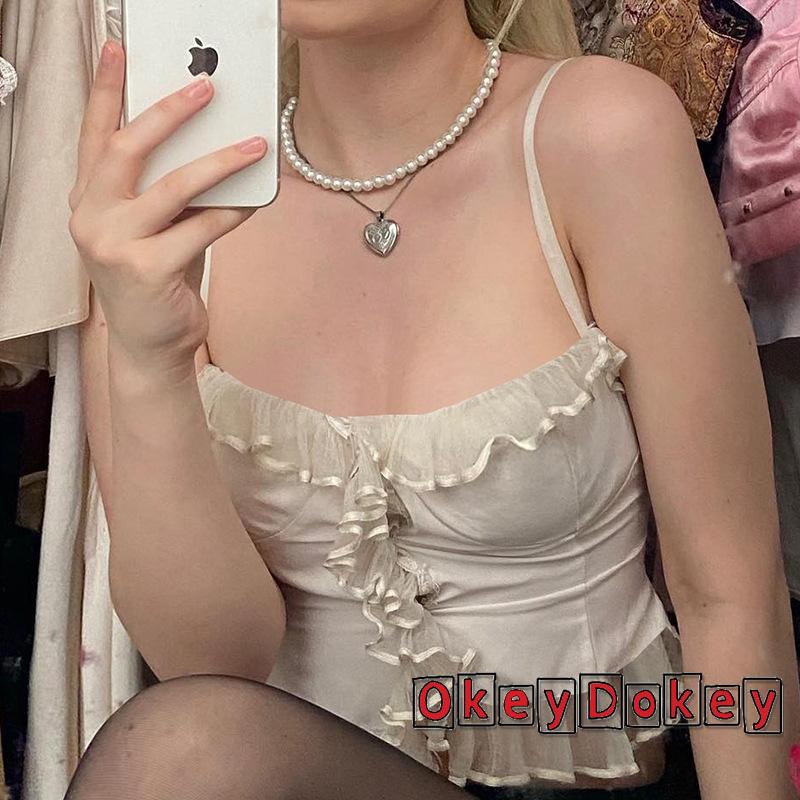 Áo Crop Top Hai Dây Hở Lưng Màu Trắng Phong Cách Vintage Gợi Cảm Cho Nữ OKDK-Y2K