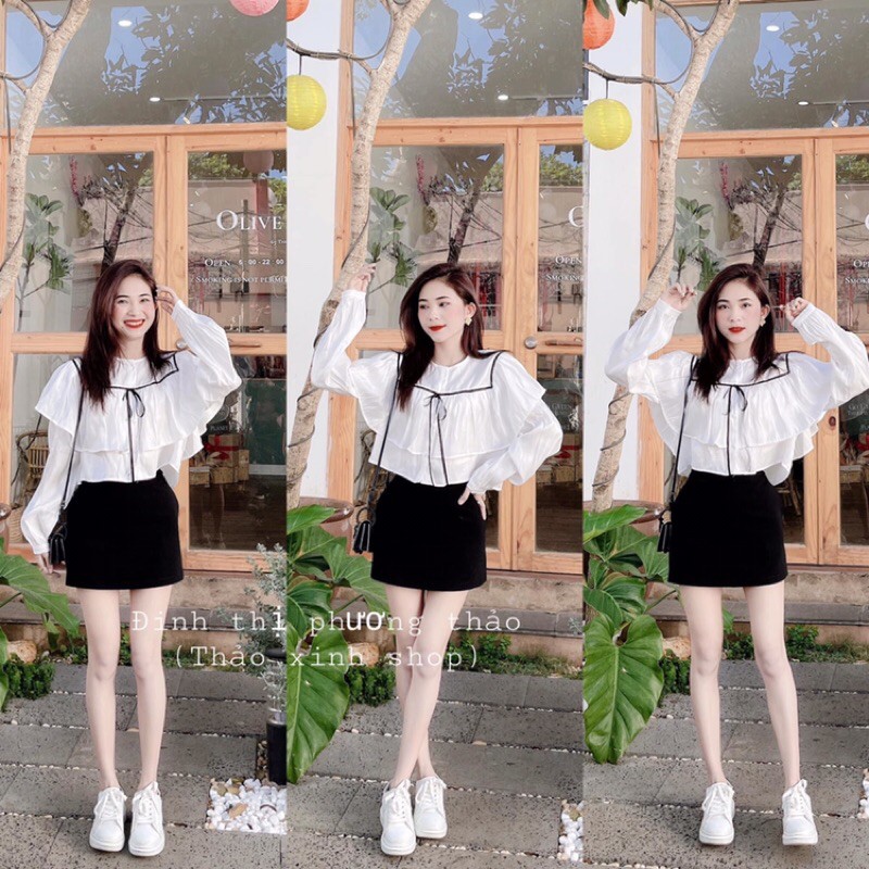 Áo croptop satin trắng viền bèo tay dài phồng thắt nơ đen