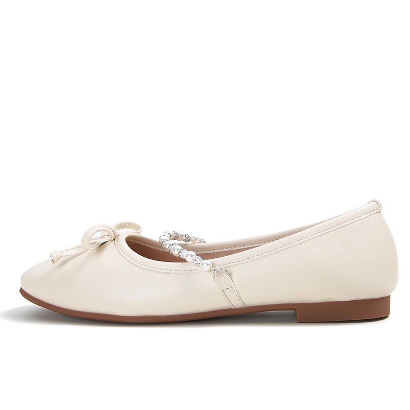 Giày Búp Bê Mũi Vuông Đính Ngọc Trai Phối Dây Xích Thắt Nơ Xinh Xắn