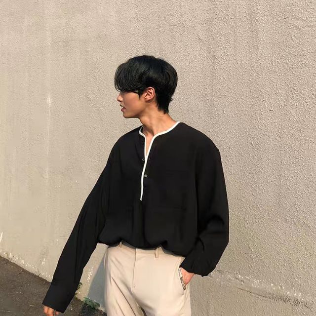 Sơ mi nam Tay Dài form rộng CỔ TRÒN phối viền | BigBuy360 - bigbuy360.vn