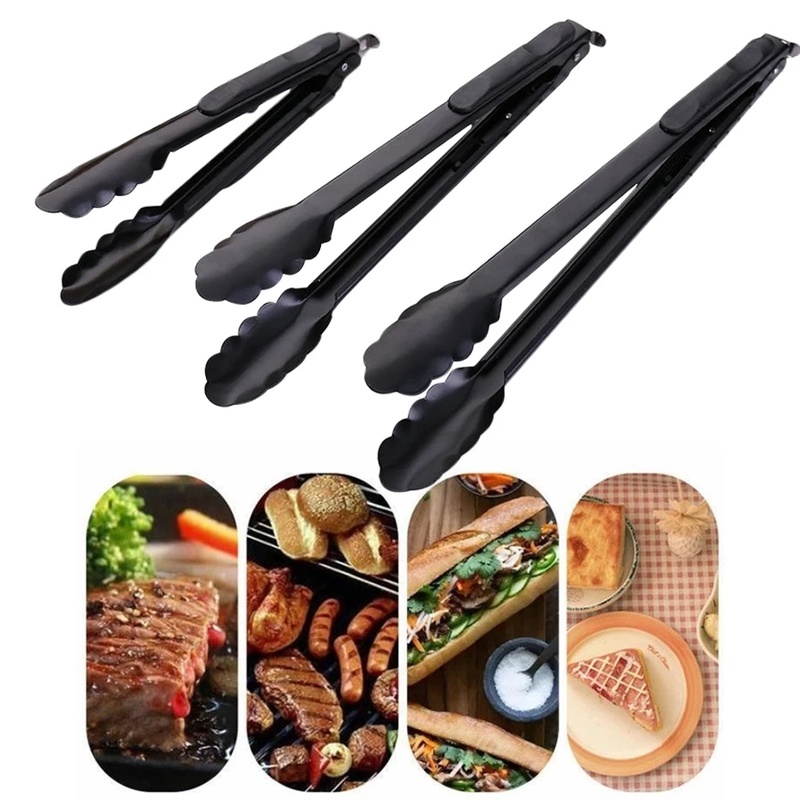 Kẹp Gắp Thức Ăn Bằng Thép Không Gỉ Màu Đen Chịu Nhiệt Chất Lượng Cao 3 Kích Cỡ