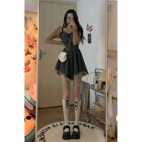 New Style Short Blouse+Sling Dress Irregular Denim Matched With Outer Shawl Sweet Cool Hot Girl Suit Women