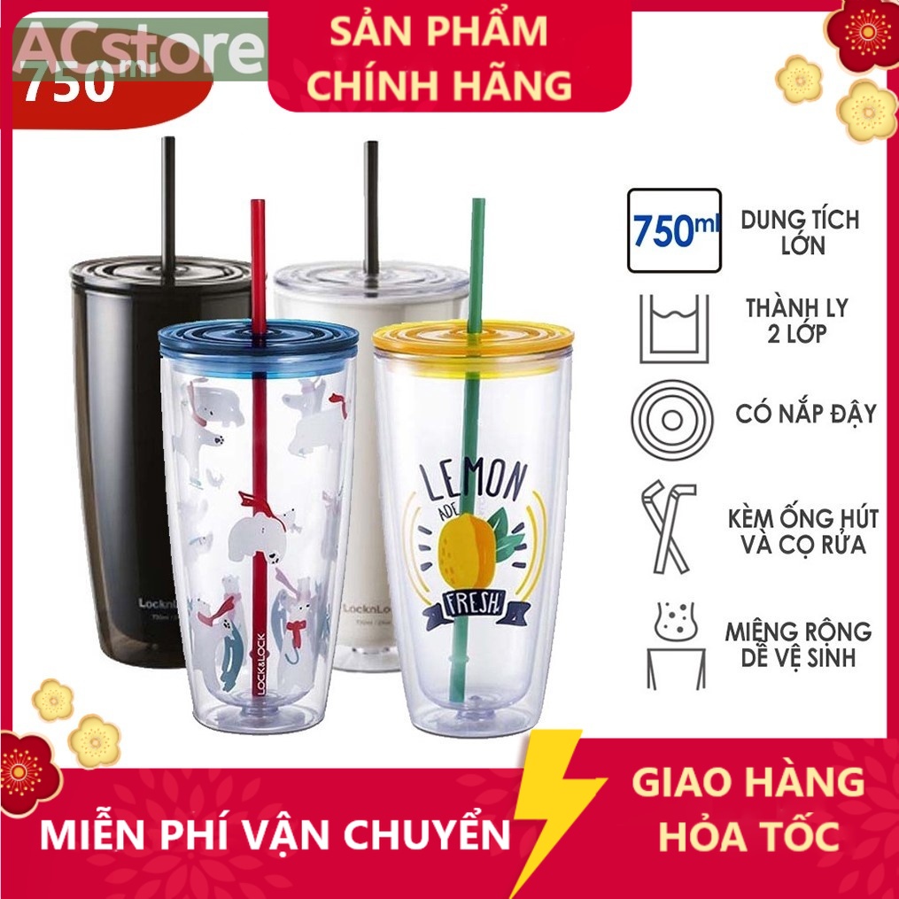 Ly nhựa 2 Lớp Lock&Lock 750ml HAP507 - Hàng chính hãng kèm ống hút cọ rửa, cách nhiệt tốt, miệng rộng - ACSTORE