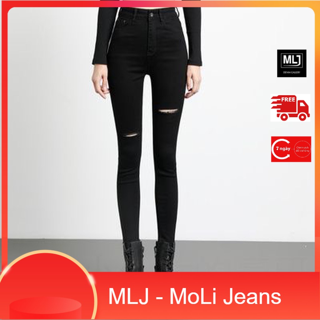 Quần jean nữ dài màu đen tuyền lưng cao co dãn mạnh, rách đẹp dành cho Big Size 2707