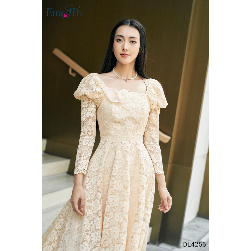 Đầm ren xòe Emspo vai bồng, kéo khóa sau DL4256
