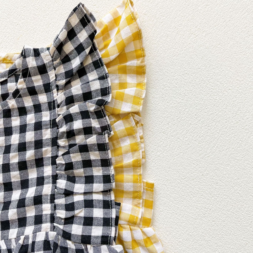 Bộ Áo Liền Quần Sọc Caro Không Tay + Băng Đô Cho Bé Gái Sơ Sinh