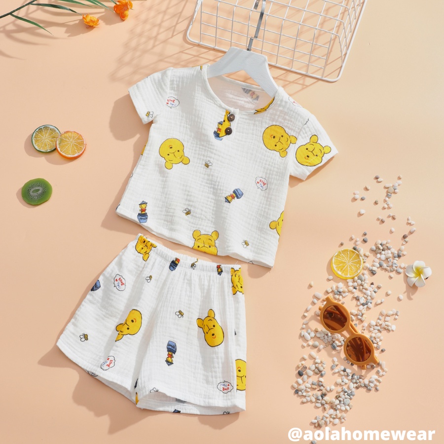 Bộ hè bé trai xô muslin mềm mát, bộ cộc tay bé trai hình gấu Áo Lá Homewear MUCT22