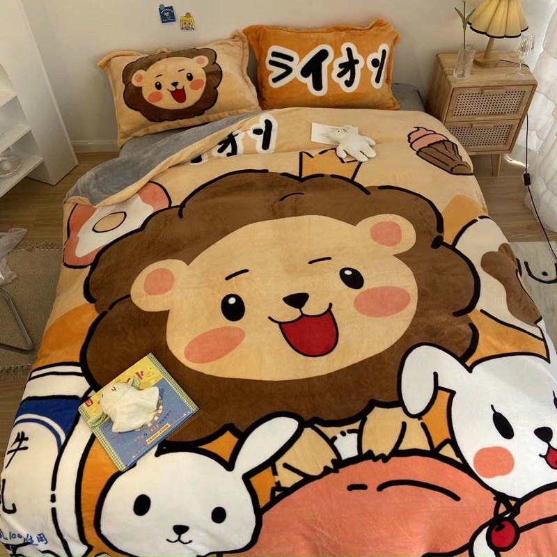 Bộ Chăn Ga Gối Nỉ Nhung 3D Cao Cấp- Sư Tử