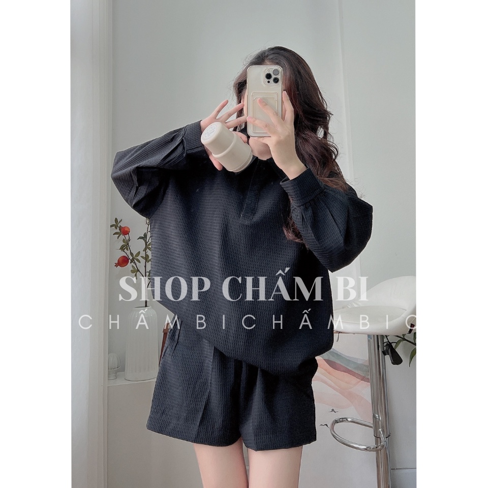 Set polo nữ form rộng S.097, Set áo polo cổ sen tay dài kèm quần short năng động - Thời trang nữ Shop Chấm Bi