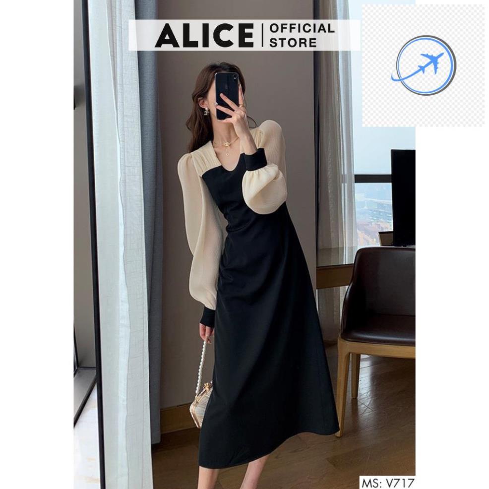 Váy Dài Tay Tiểu Thư ALICE V717, Thiết Kế Ôm Eo Tôn Dáng Bo Cổ Tay Sang Chảnh