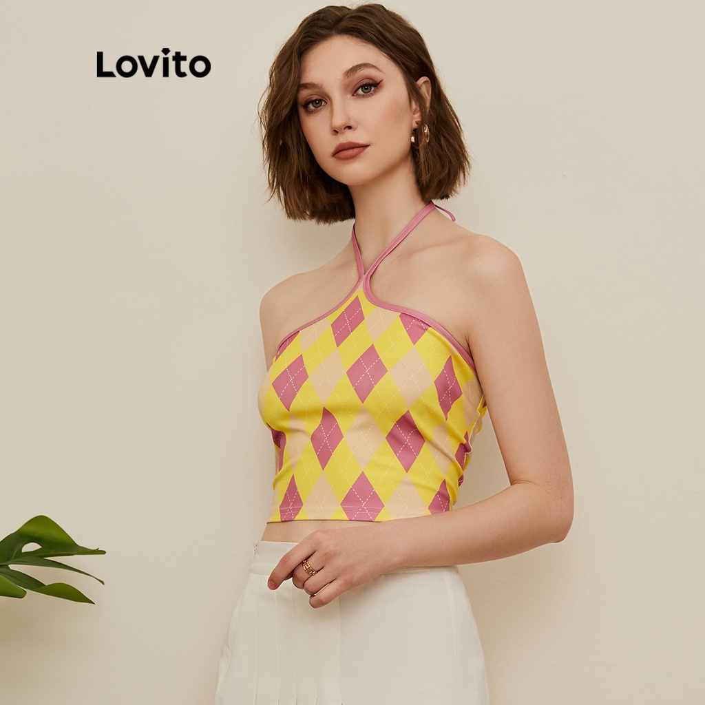Áo tank top Lovito trễ vai họa tiết hình học thiết kế kiểu cột dây phong cách preppy L19E001 (Màu vàng)
