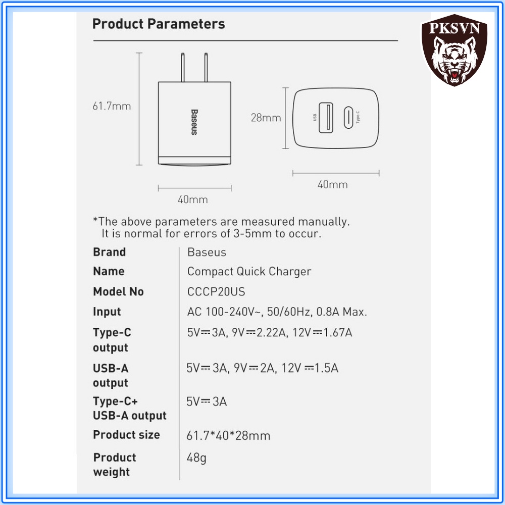 Củ Sạc Nhanh 20w Chính Hãng Baseus - Cốc Sạc Nhanh 2 cổng 20w Type C và USB sạc đầy 50% pin trong 30 phút - Bảo Hành 12T