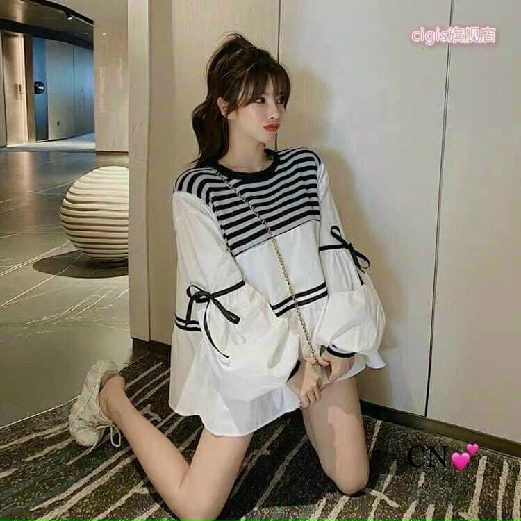 Áo phối sọc tay nơ  KÈM ẢNH THẬT  BAO KIỂM ❌