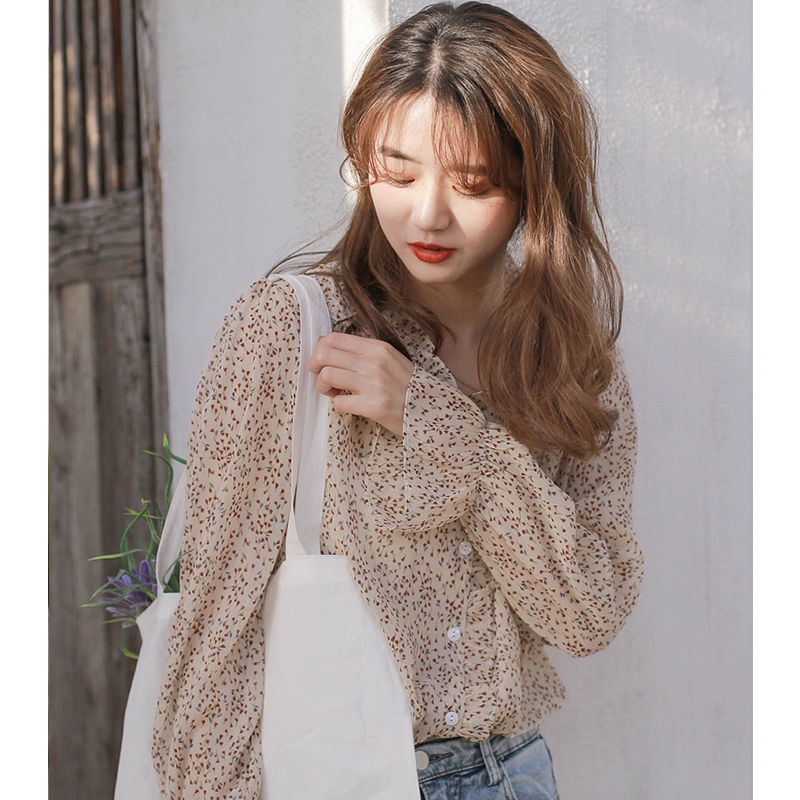 Áo Sơ Mi Chiffon Dáng Rộng Cổ Chữ v In Họa Tiết Hoa Phong Cách Hàn Quốc Dễ Phối Đồ Thời Trang Cho Nữ