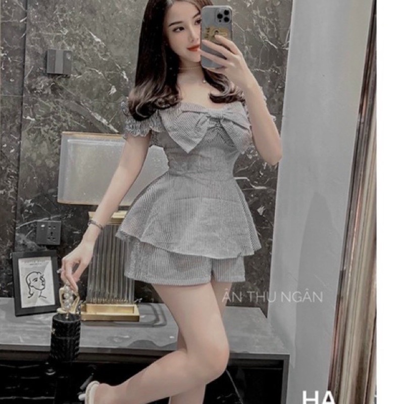 Sét Bộ Áo Trễ Vai Nơ Xốp Sọc, Sét Bộ Đi Chơi Dễ Thương Bigsize Quỳnh Anh Từ 50 kg Đến 100 kg M/L/XL/XXL