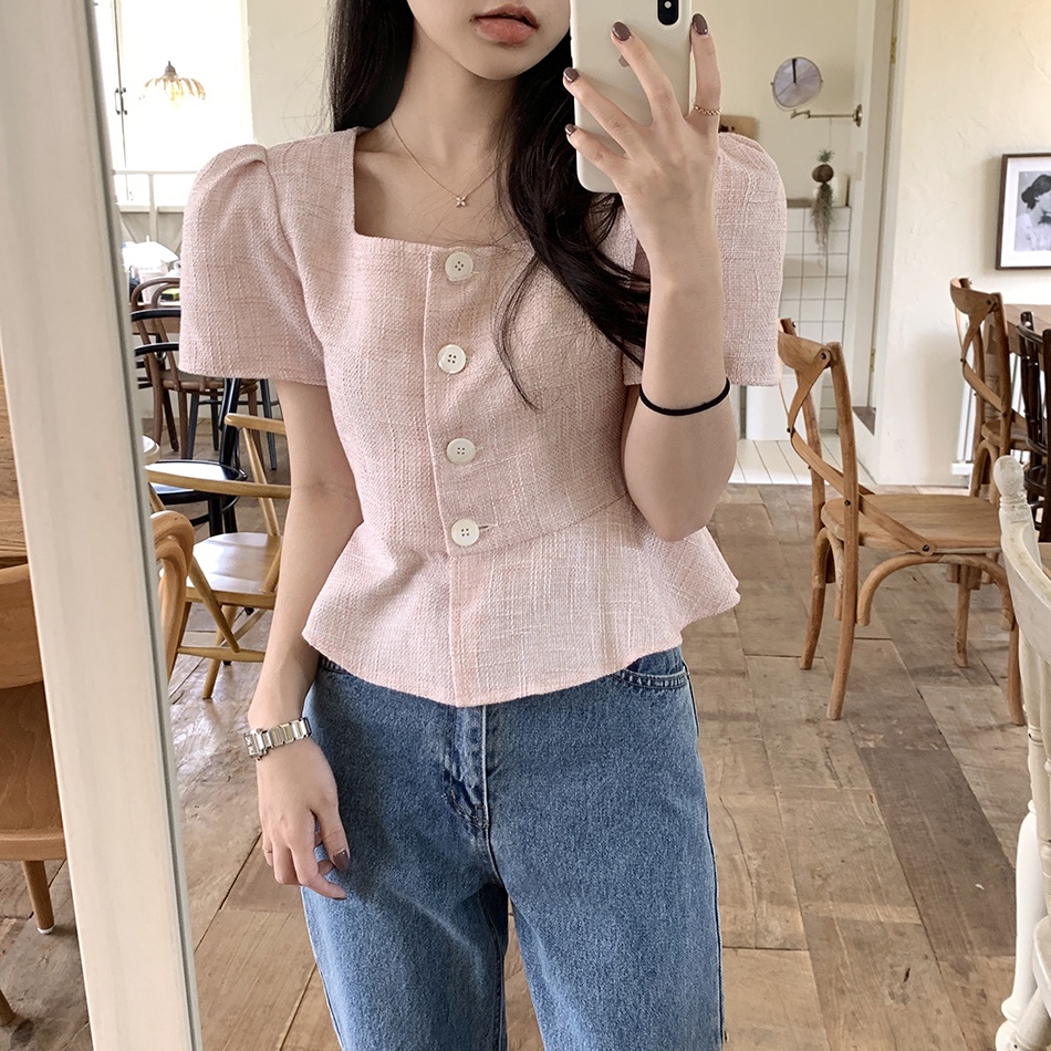 Áo Kiểu Tay Phồng Ngắn Cổ Vuông Thời Trang Hàn Quốc Xinh Xắn Cho Nữ