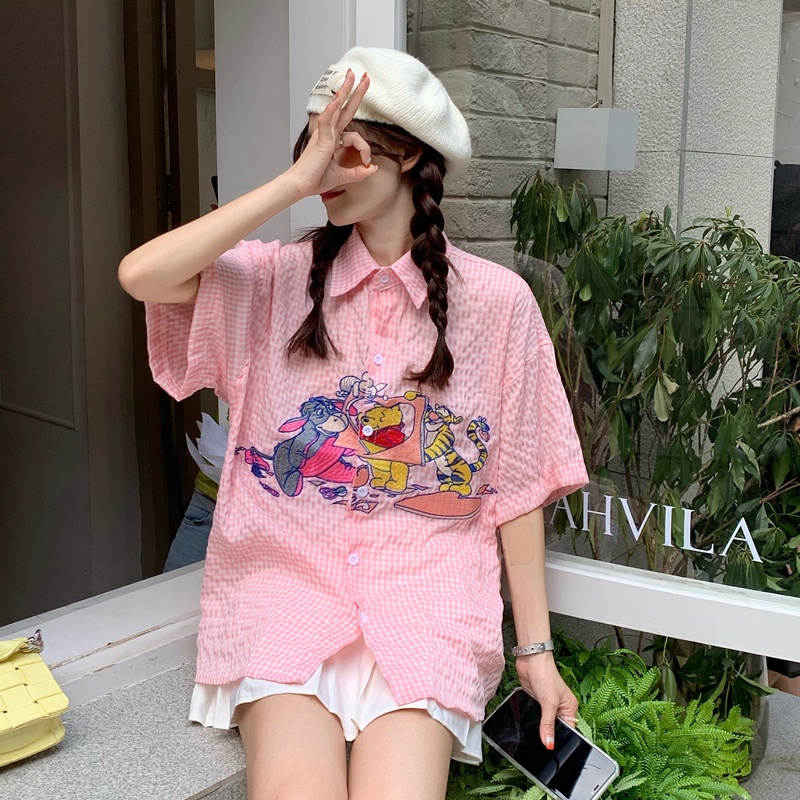 SUXI Áo Sơ Mi Tay Ngắn Dáng Rộng In Họa Tiết Hoạt Hình Kiểu Vintage Thời Trang Mùa Hè Cho Nữ