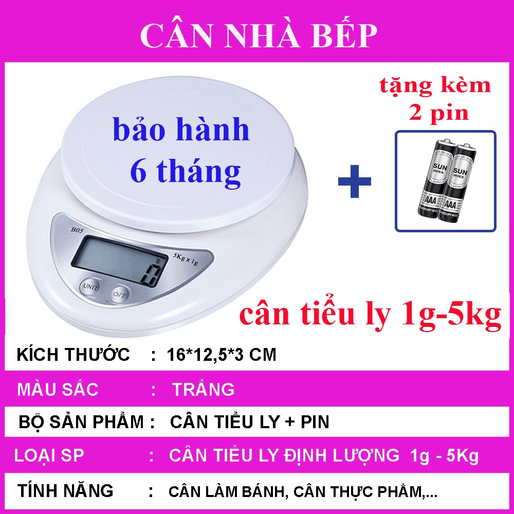 Cân tiểu ly điện tử nhà bếp cao cấp định lượng 1g - 10kg, cân tiểu ly làm bánh độ chính xác cao kèm 2 viên pin AAA