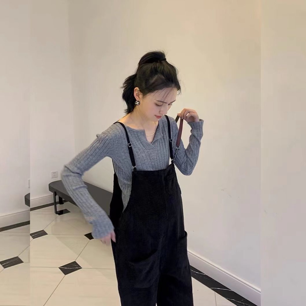 Set Áo Thun Dài Tay + Quần Yếm Thời Trang Cho Mẹ Bầu