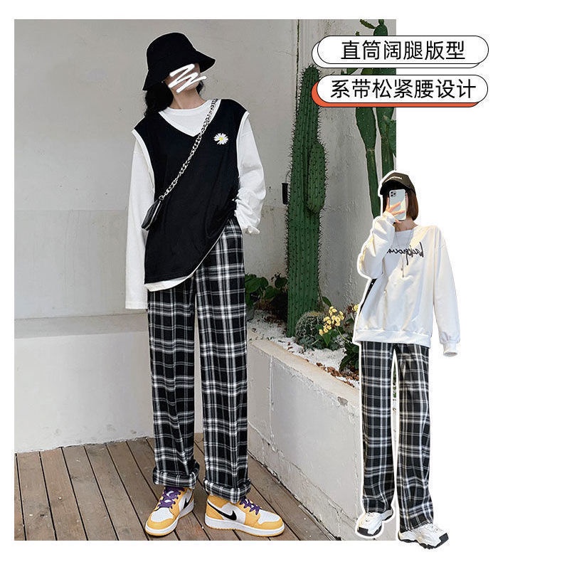 JSC Quần Dài Lưng Cao Ống Rộng Sọc Ca Rô Trắng Đen Thời Trang Xuân Hè 2023 Cá Tính Cho Nữ