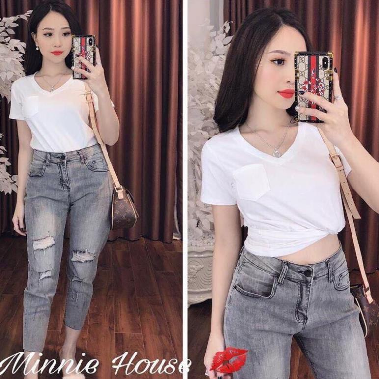 Áo thun cổ tim có túi cotton giấy vải đẹp mát *